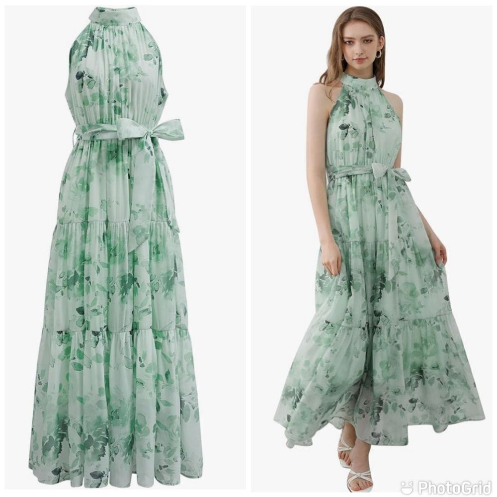 CHICWISH Halter Neck Maxi Floral Print Sleeveless Flowy Summer Garden Party Dres